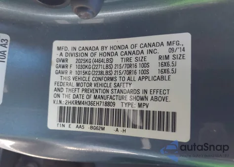 2014 Honda Cr-V Lx из США, поврежденный, VIN 2HKRM4H36EH718809